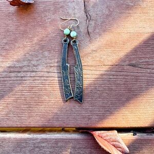 Artisan Chinese Copper Money Dangle Earrings with Jade